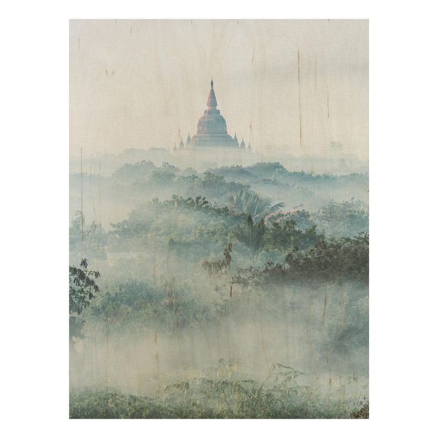 Holzbilder Syklines Morgennebel über dem Dschungel von Bagan