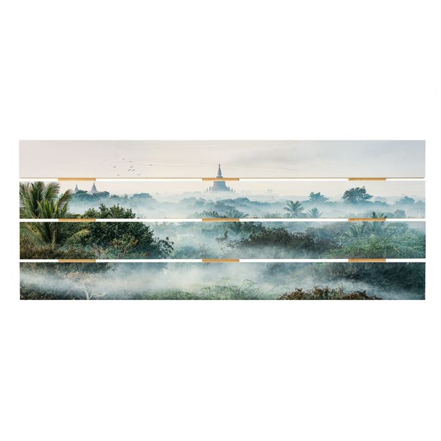 Holzbild - Morgennebel über dem Dschungel von Bagan - Panorama