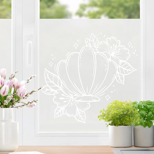 Fensterfolie Motiv Blumen Muschel und Blüten