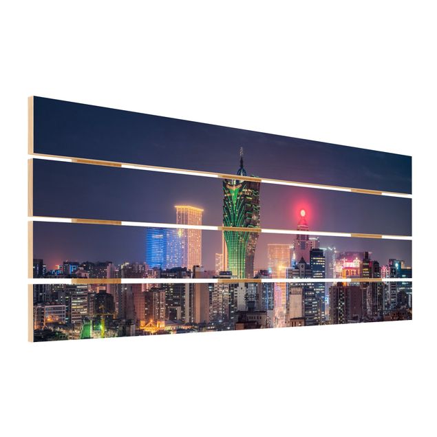 Holzbild - Nachtlichter von Macau - Panorama