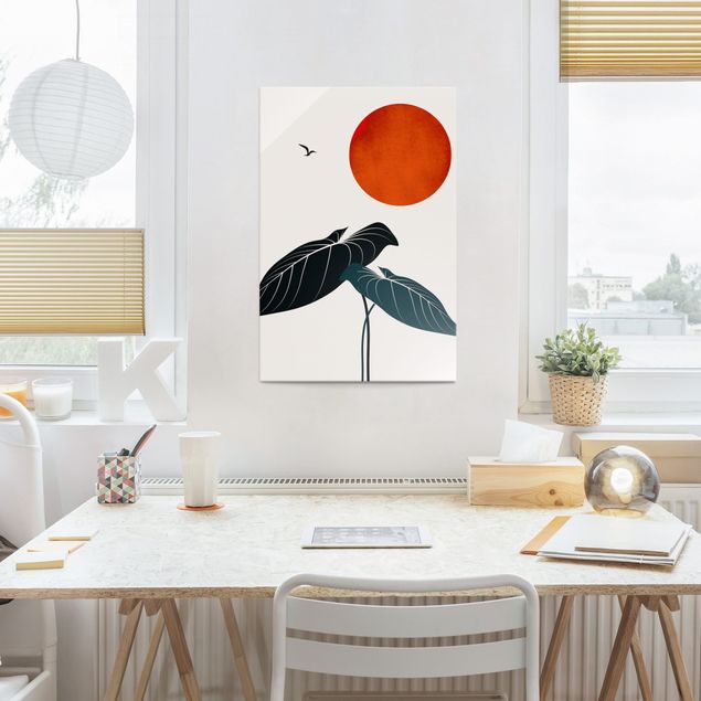 Kubistika Poster Nachttraum - Pflanze und rote Sonne