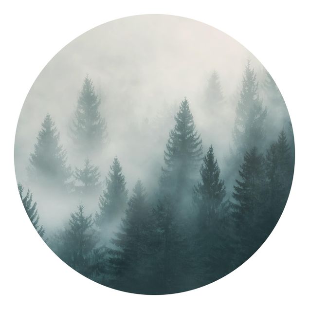 Runde Tapete selbstklebend - Nadelwald im Nebel
