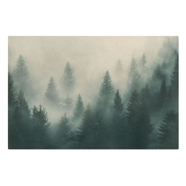 Leinwandbild - Nadelwald im Nebel - Querformat 2:3