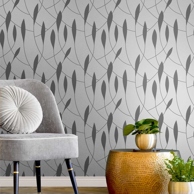 Metallic Tapete  - Natürliches Muster schwungvolle Blätter in Grau