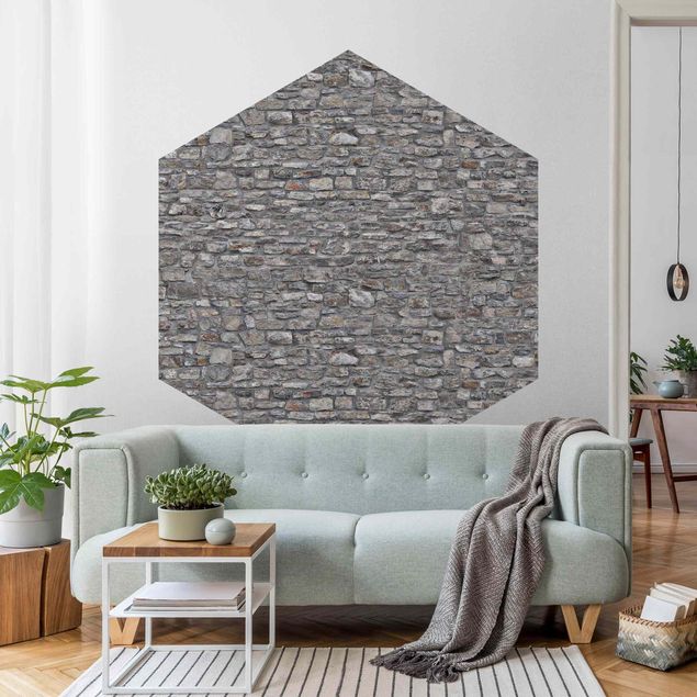 Hexagon Fototapete selbstklebend - Naturstein Tapete Alte Steinmauer