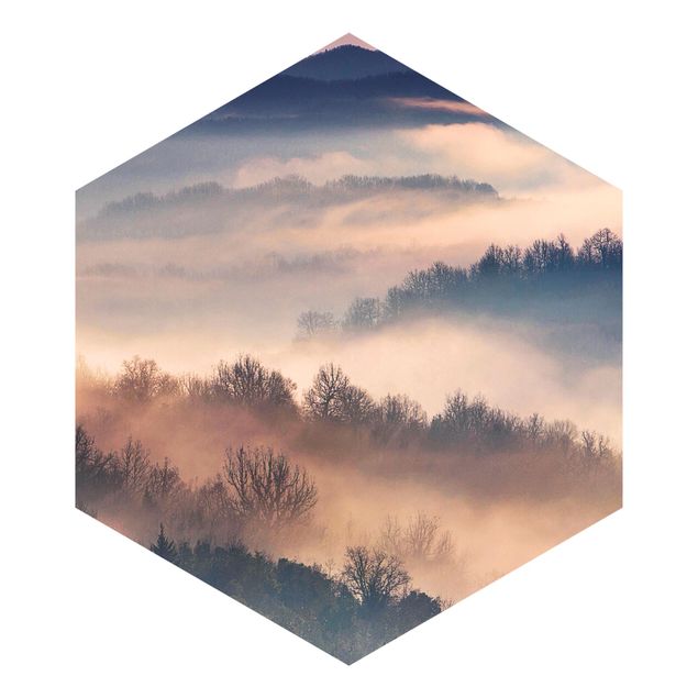 Hexagon Mustertapete selbstklebend - Nebel bei Sonnenuntergang