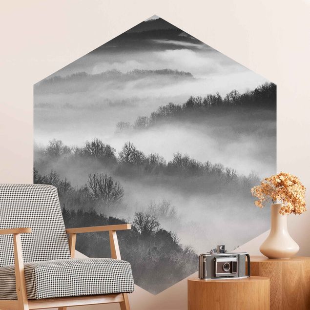 Design Tapeten Nebel bei Sonnenuntergang Schwarz Weiß