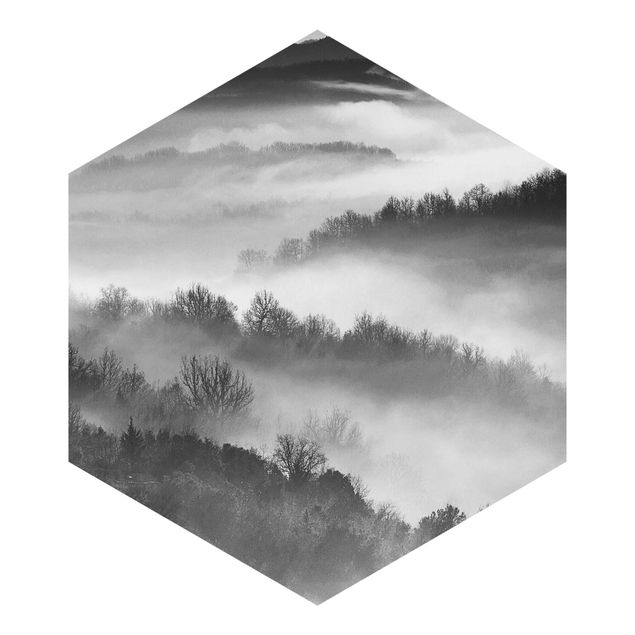 Hexagon Mustertapete selbstklebend - Nebel bei Sonnenuntergang Schwarz Weiß