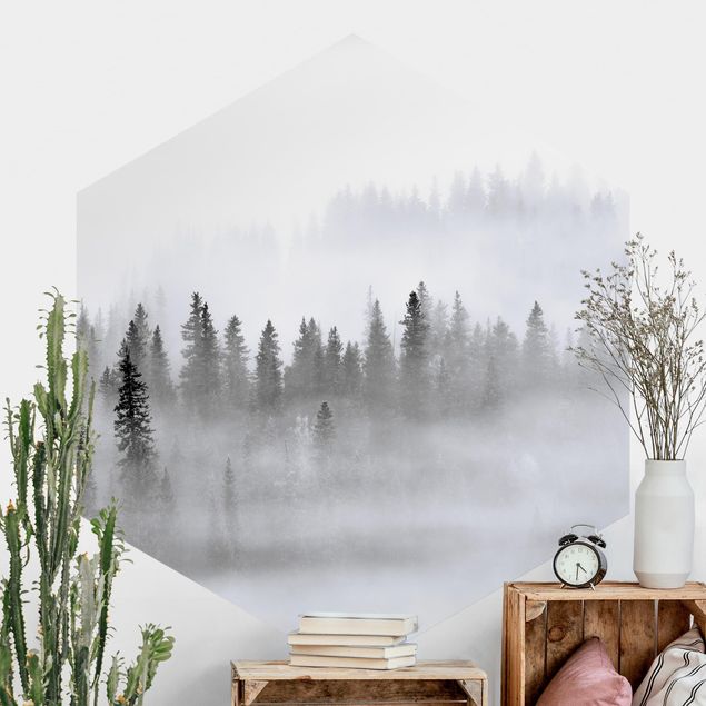 Tapete Baum Nebel im Tannenwald Schwarz-Weiß