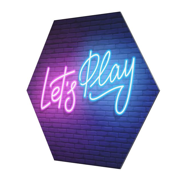 Hexagon-Alu-Dibond Bild - Neon Schrift Let's Play
