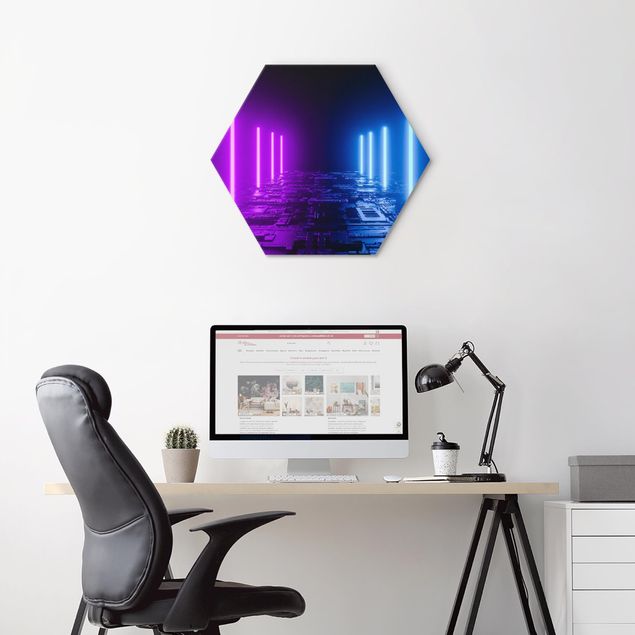 Hexagon-Alu-Dibond Bild - Neonlichter in Lila und Blau