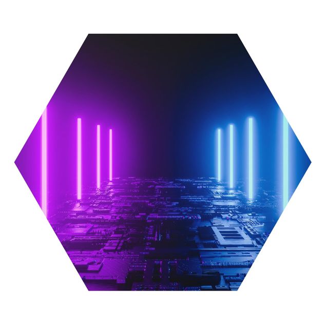 Hexagon-Alu-Dibond Bild - Neonlichter in Lila und Blau