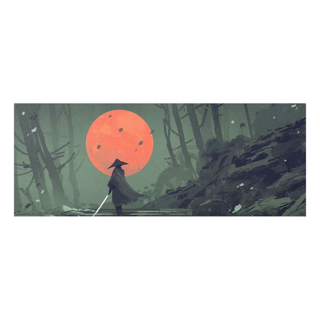 Glasbild - Ninja im roten Mondschein - Panorama