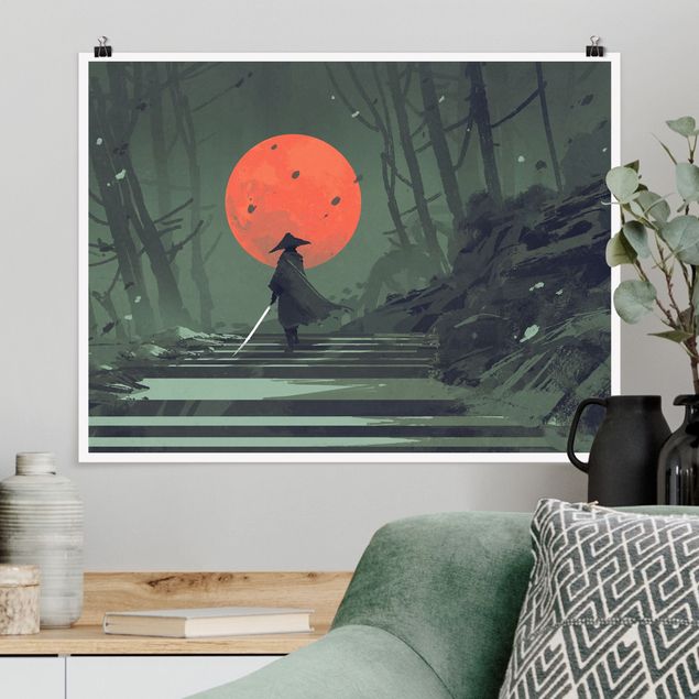 Wand Poster XXL Ninja im roten Mondschein