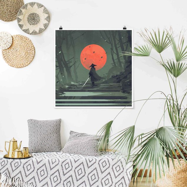 Moderne Poster Ninja im roten Mondschein