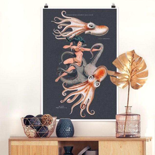 Poster Fische Nymphe mit Oktopussen