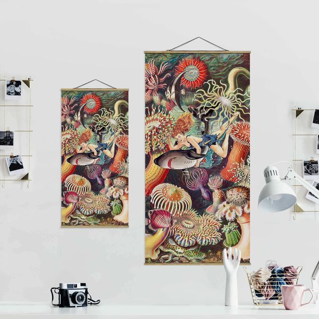 Stoffbild mit Posterleisten - Nymphe mit Seeanemonen - Hochformat