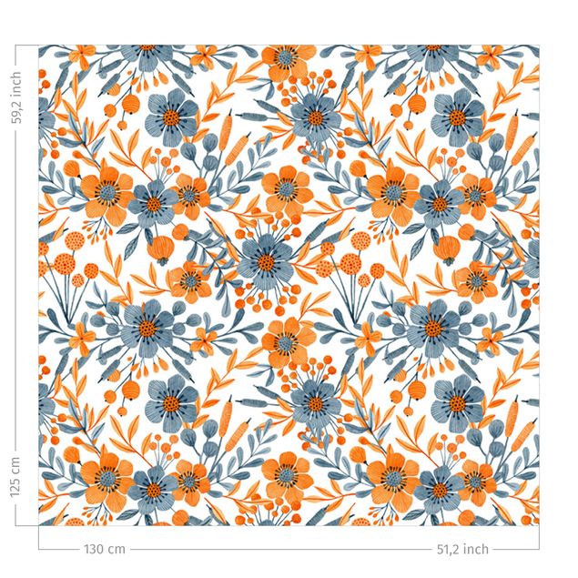 Verdunkelungsvorhang Orange Blaue Blüten auf Weiß