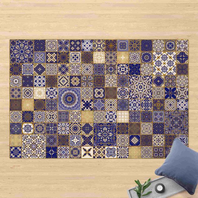 Moderne Teppiche Orientalische Fliesen Blau mit Goldschimmer