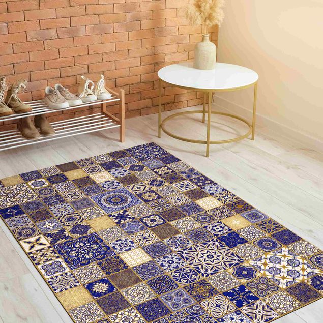 Teppich blau Orientalische Fliesen Blau mit Goldschimmer