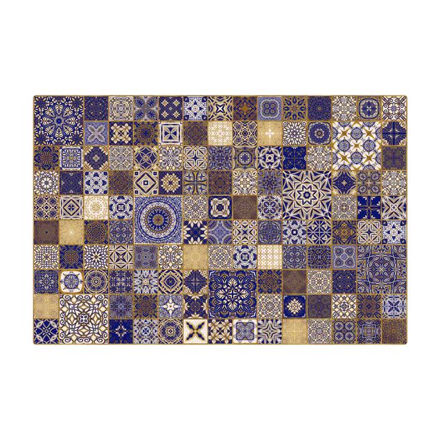 Kork-Teppich - Orientalische Fliesen Blau mit Goldschimmer - Querformat 3:2