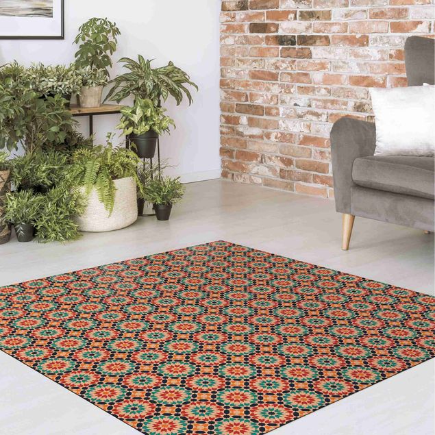 Vinyl Teppich Fliesenoptik Orientalisches Muster mit bunten Blüten