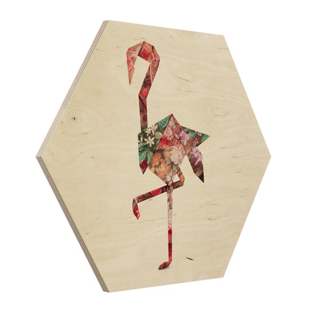 Hexagon Bild Holz - Origami Flamingo