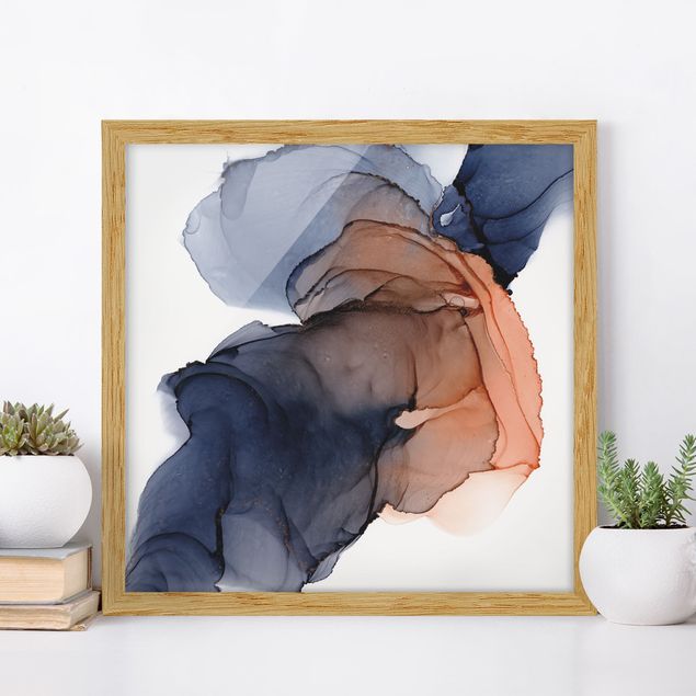 Moderne Bilder mit Rahmen Ozeantropfen Blau-Orange mit Gold