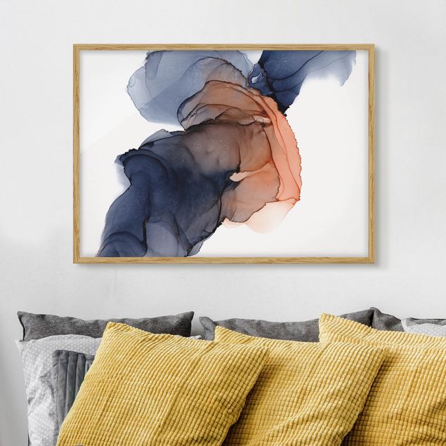abstrakte Bilder mit Rahmen Ozeantropfen Blau-Orange mit Gold