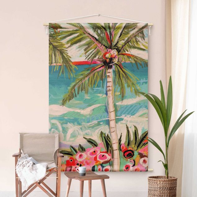 Wandbehang Stoffbild Palme mit pinken Blumen II