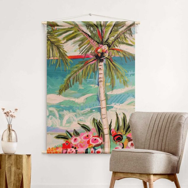 Großes Wandtuch Palme mit pinken Blumen II