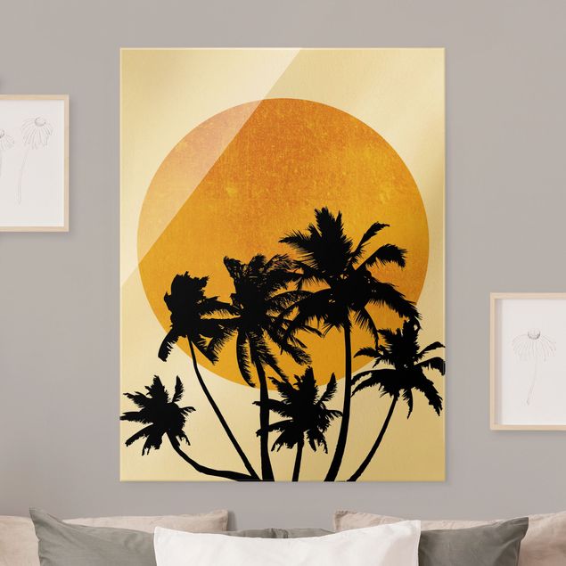 Blumen Glasbilder Palmen vor goldener Sonne