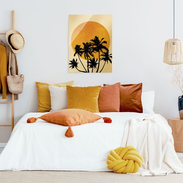 Wandbilder Glas Natur Palmen vor goldener Sonne