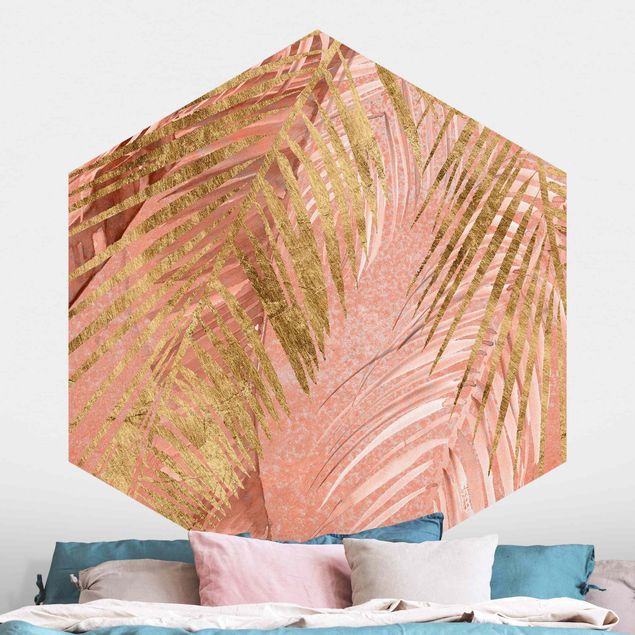 Moderne Tapeten Palmenblätter Rosa und Gold III