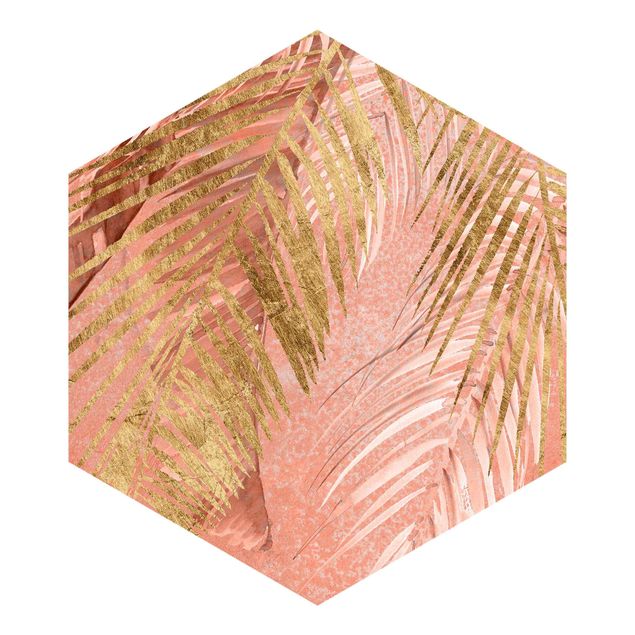Hexagon Mustertapete selbstklebend - Palmenblätter Rosa und Gold III