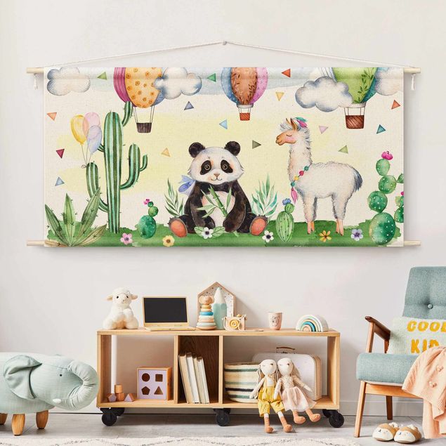 Moderne Wandteppiche Panda und Lama Aquarell
