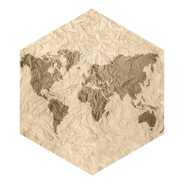 Hexagon Mustertapete selbstklebend - Papier Weltkarte Beige Braun