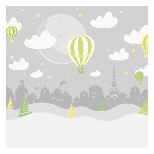 Fototapete - Paris mit Sternen und Heißluftballon in Grau