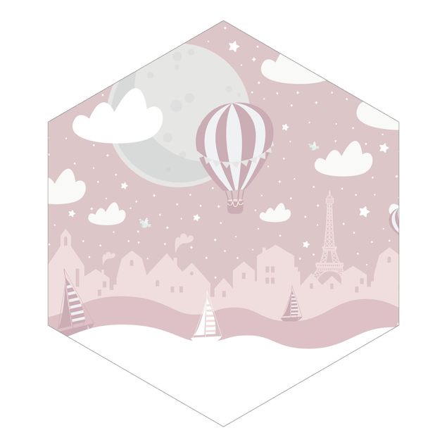Hexagon Fototapete selbstklebend - Paris mit Sternen und Heißluftballon in Rosa