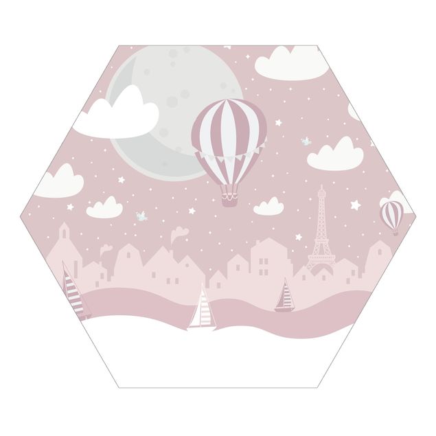 selbstklebende Tapete Paris mit Sternen und Heißluftballon in Rosa