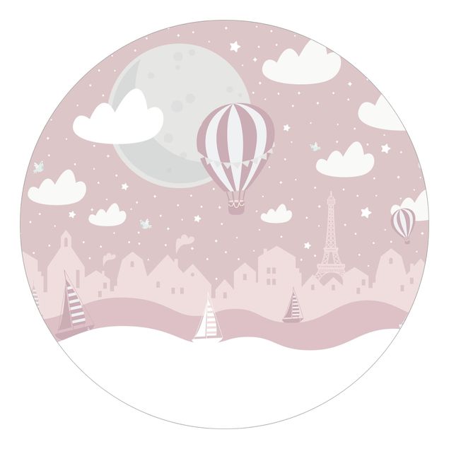 Runde Tapete selbstklebend - Paris mit Sternen und Heißluftballon in Rosa