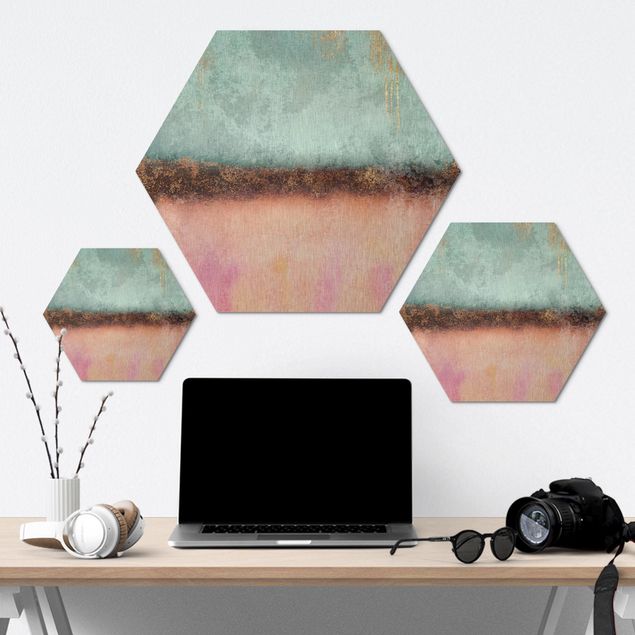 Hexagon Bild Alu-Dibond - Pastell Sommer mit Gold