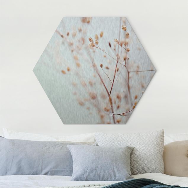 Hexagon Bild Alu-Dibond - Pastellknospen am Wildblumenzweig
