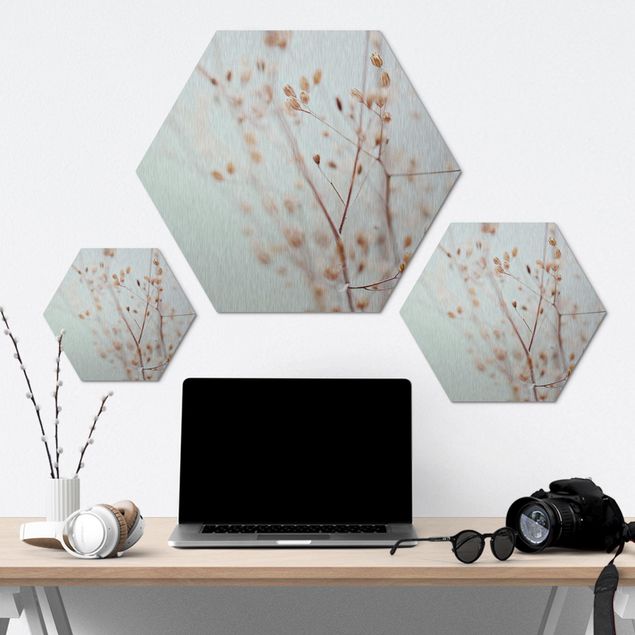 Hexagon Bild Alu-Dibond - Pastellknospen am Wildblumenzweig