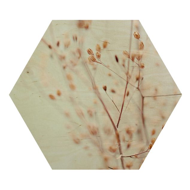 Hexagon Bild Holz - Pastellknospen am Wildblumenzweig