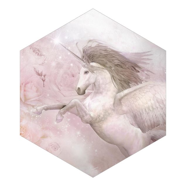 Hexagon Mustertapete selbstklebend - Pegasus Einhorn mit Rosen