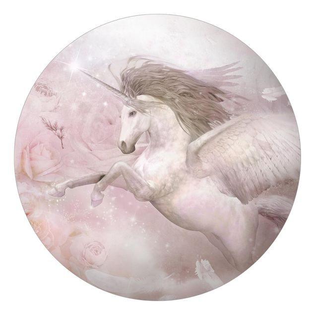 Runde Tapete selbstklebend - Pegasus Einhorn mit Rosen