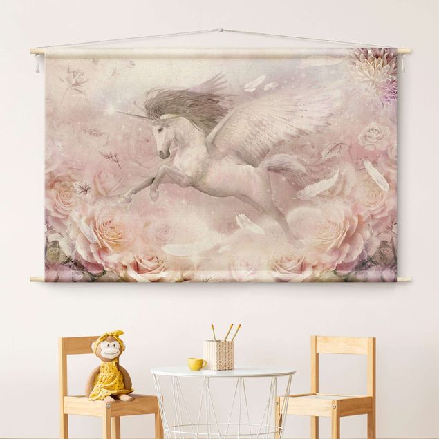 Moderne Wandteppiche Pegasus Einhorn mit Rosen