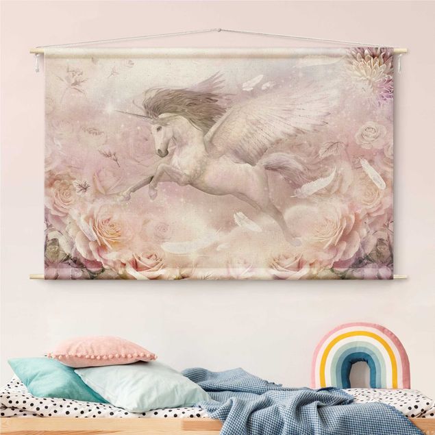 Wandbehang Stoffbild Pegasus Einhorn mit Rosen