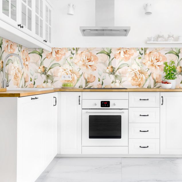 Küchenrückwand selbstklebend Pfingstrosen Aquarell Muster Beige